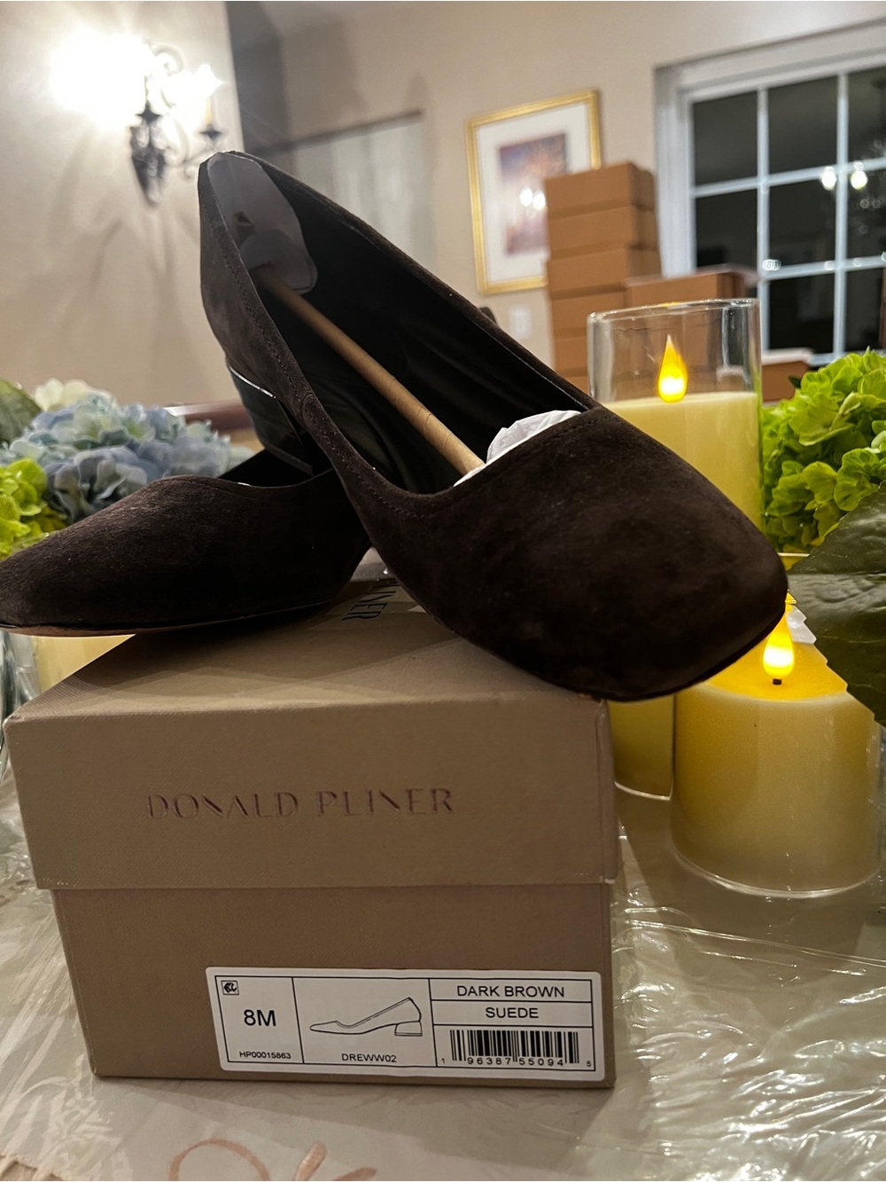 Donald J. Pliner Dark Brown Suede Low Block Heel Flats